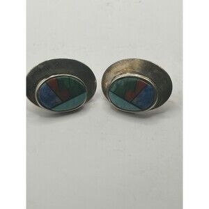 Vintage Sterling Teme Mosaic Inlay Earrings Turquoise Sugilite Spiny Zuni 925